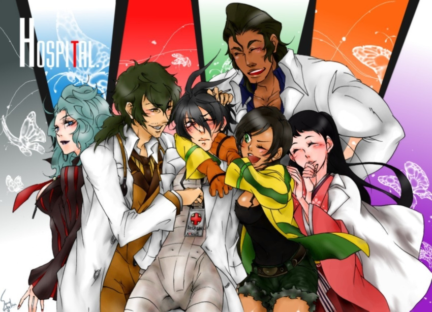 3boys, 3girls, black_hair, blush, brown_hair, butterfly, chou_shittou_caduceus, closed_eyes