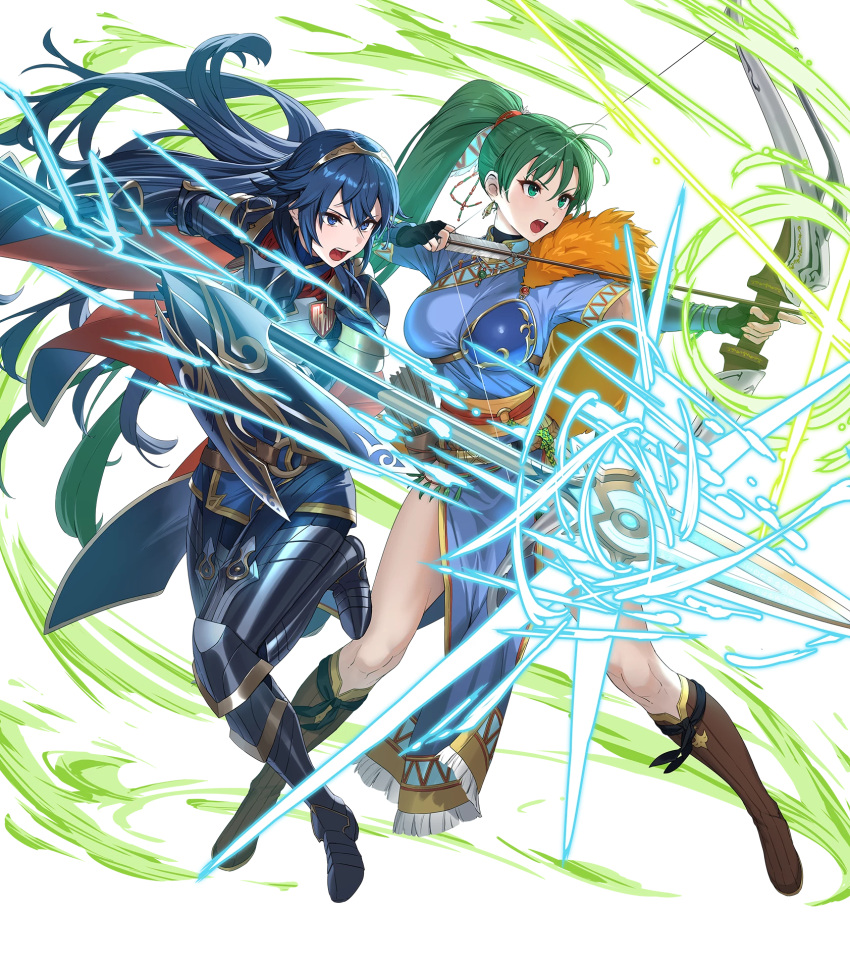 2girls, armor, attack, belt, blue_eyes, blue_gloves, blue_hair, boots