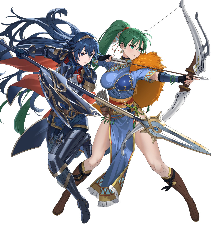 2girls, armor, arrow_(symbol), attack, belt, blue_eyes, blue_gloves, blue_hair