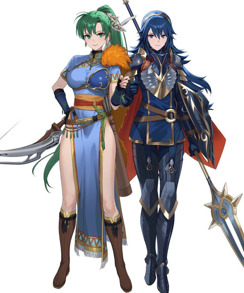2girls, armor, belt, blue_eyes, blue_gloves, blue_hair, boots, bow_(weapon)