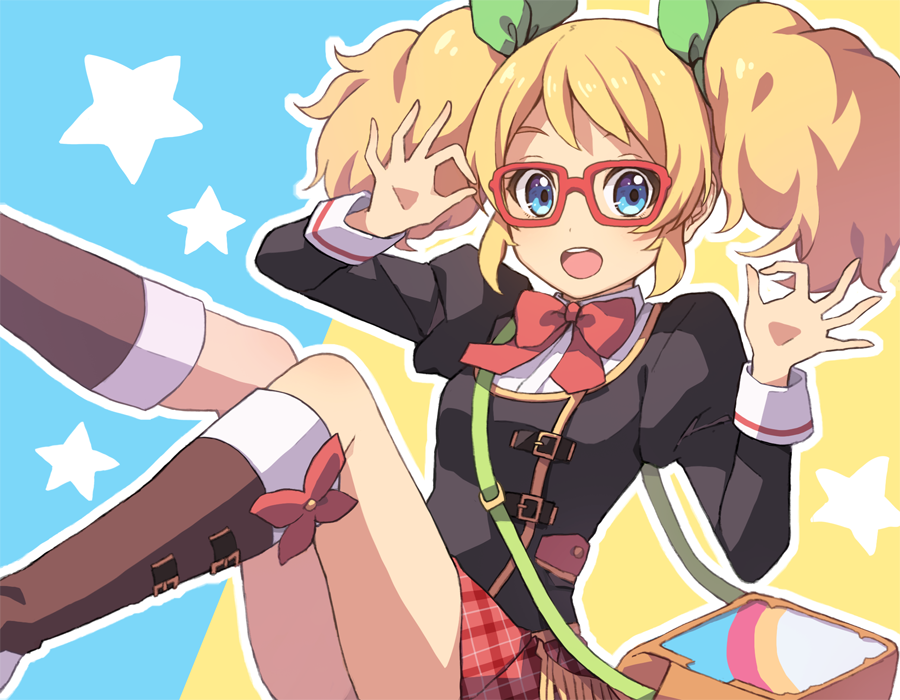 1girl, adjusting_eyewear, aikatsu!, aikatsu!_(series), bad_id, bag, black_jacket, blonde_hair