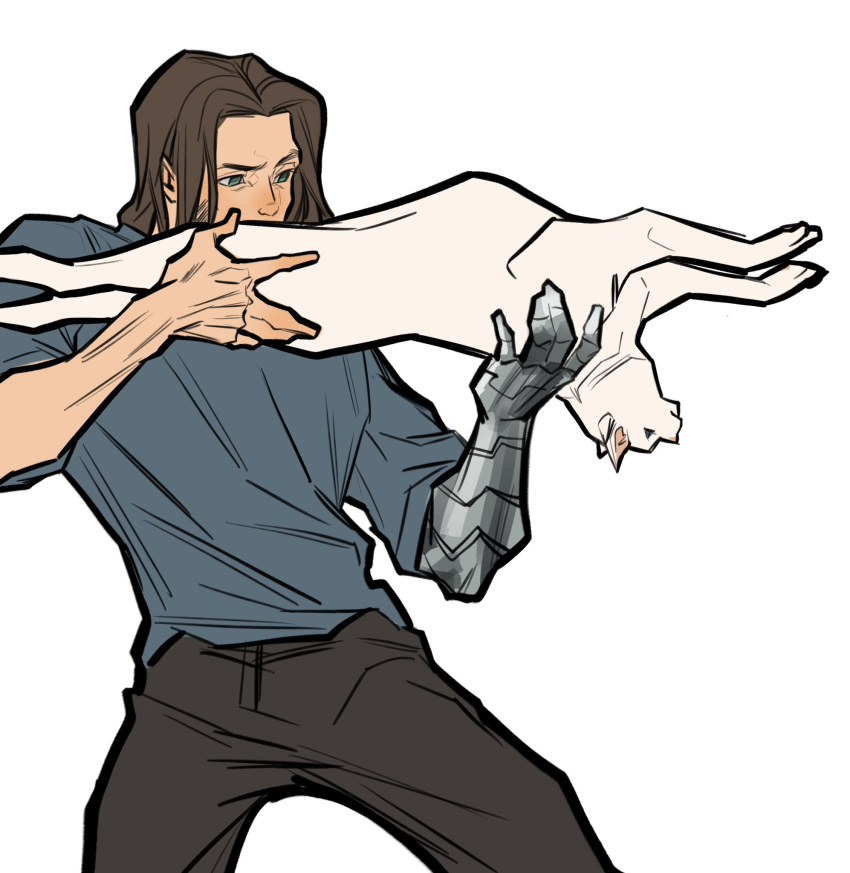 1boy, animal, black_pants, brown_hair, bucky_barnes, captain_america:_the_winter_soldier, captain_america_(series), cat, cowboy_shot, furrowed_brow, grey_shirt, highres, holding, holding_animal, holding_cat, holding_weapon, irispardom, laser_cats_(meme), male_focus, marvel, mechanical_arms, medium_hair, meme, pants, parted_lips, prosthesis, prosthetic_arm, shirt, single_mechanical_arm, solo, upside-down, weapon, white_background, white_cat, winter_soldier
