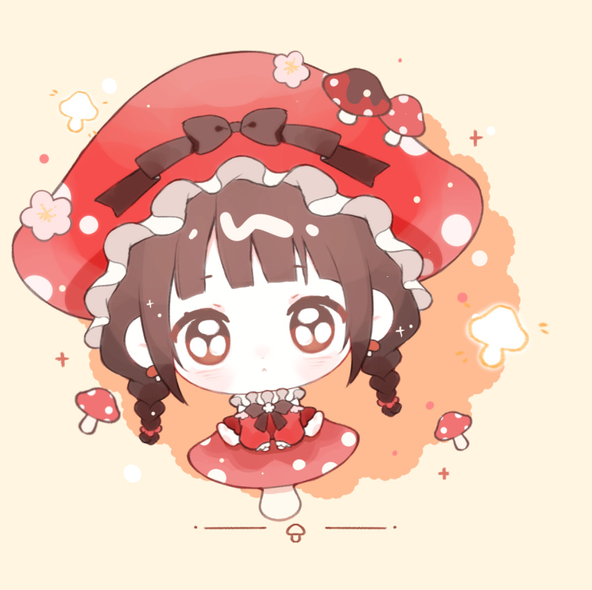 1girl, :<, animal_feet, baonu_de_zhanshen_caibutou, bare_shoulders, black_bow, black_bowtie, blunt_bangs, bow, bowtie, braid, brooch, brown_eyes, brown_hair, cherry_blossoms, chibi, chinese_commentary, closed_mouth, clothing_cutout, commentary_request, curious, dot_nose, dress, eyelashes, flower, flower_brooch, frilled_headwear, frilled_sleeves, frills, glimmering_forest_(infinity_nikki), hair_bobbles, hair_ornament, hat, hat_bow, hat_flower, hat_ornament, highres, infinity_nikki, jewelry, light_blush, light_particles, long_hair, long_sleeves, looking_at_viewer, low_twin_braids, mushroom, mushroom_earrings, mushroom_hat, mushroom_hat_ornament, neck_ruff, nikki_(series), notice_lines, on_mushroom, orange_background, pink_flower, puffy_long_sleeves, puffy_sleeves, red_dress, red_hat, short_dress, shoulder_cutout, sitting, sleeves_past_wrists, solo, sparkle, straight-on, tareme, twin_braids, two-tone_background, very_long_hair, white_flower, yellow_background