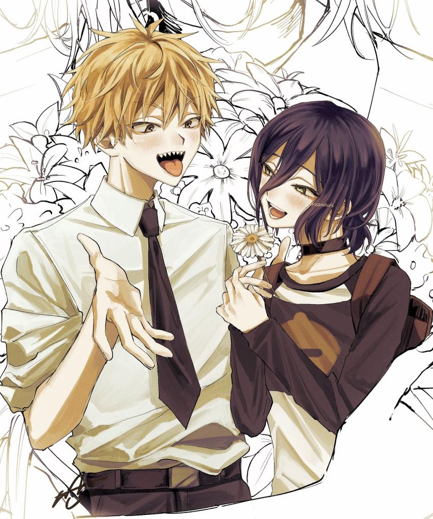 1boy, 1girl, backpack, bag, black_choker, black_necktie, black_pants, black_sleeves, blush, brown_bag, chainsaw_man, choker, collared_shirt, cropped_torso, denji_(chainsaw_man), flower, gerbera, green_eyes, grenade_pin, hair_between_eyes, hair_bun, hetero, highres, holding, holding_flower, looking_at_another, medium_hair, n4n4sn, necktie, open_mouth, pants, print_shirt, reze_(chainsaw_man), sharp_teeth, shirt, short_hair, sleeves_rolled_up, smile, teeth, tongue, tongue_out, updo, upper_body, white_shirt, yellow_eyes