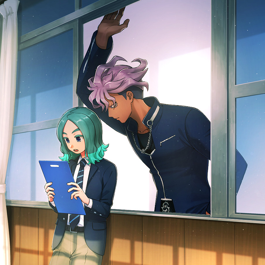 2boys, aqua_hair, blue_eyes, blue_jacket, blue_necktie, brown_pants, clipboard, collared_shirt