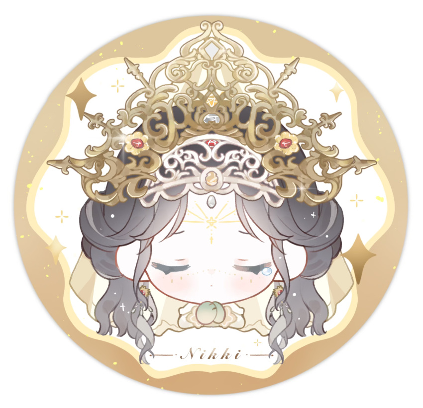 1girl, baonu_de_zhanshen_caibutou, behind_prayers_(infinity_nikki), black_hair, border, chinese_commentary, circlet, closed_eyes, commentary_request, copyright_name, cropped_torso, crown, dress, earrings, eyelashes, facial_mark, forehead_mark, frilled_sleeves, frills, gem, gloves, gold_crown, gold_earrings, green_gloves, highres, infinity_nikki, jewelry, juliet_sleeves, light_blush, long_hair, long_sleeves, nikki_(series), own_hands_together, parted_lips, praying, puffy_sleeves, red_gemstone, round_border, sad, solo, sparkle, star_(symbol), star_facial_mark, straight-on, teardrop, tearing_up, veil, very_long_hair, wavy_hair, white_background, white_border, white_dress, white_veil