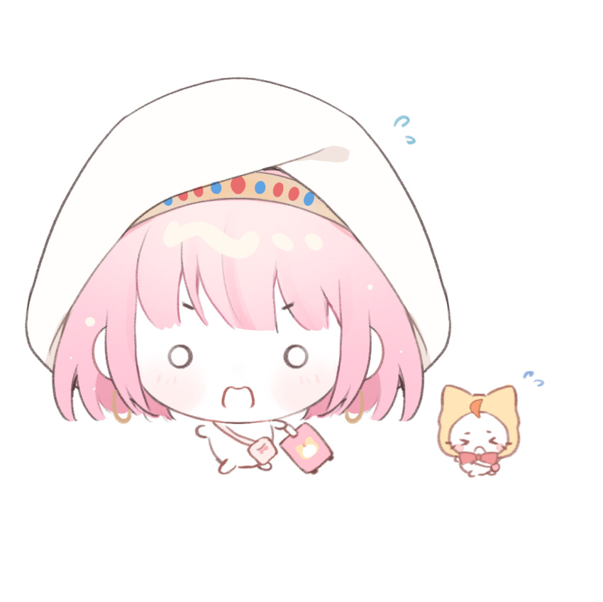 >_<, 1girl, ahoge, animal, bag, baonu_de_zhanshen_caibutou, bow, bowtie