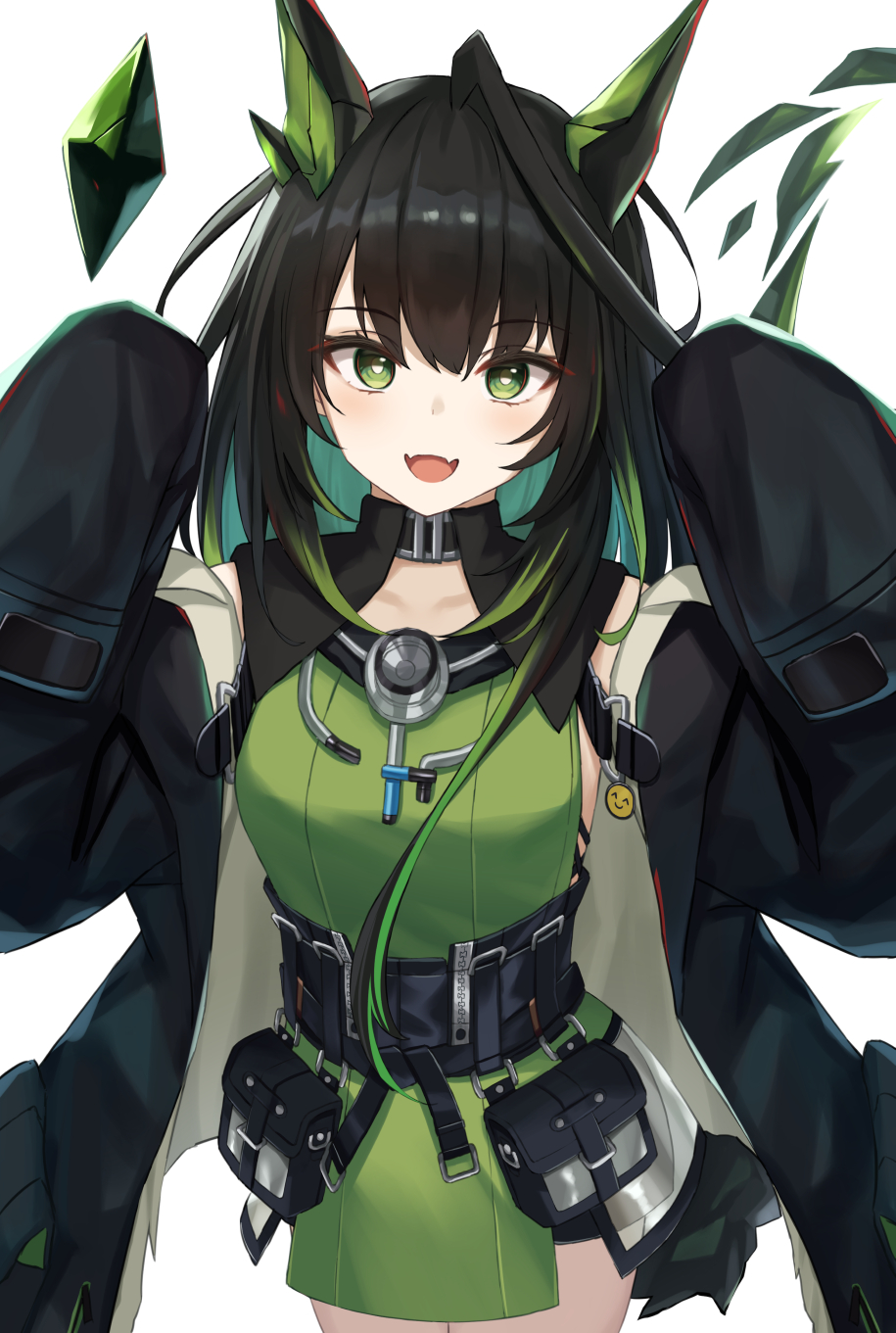 1girl, ahoge, arknights, bare_shoulders, black_hair, black_jacket, colored_inner_hair, commentary_request