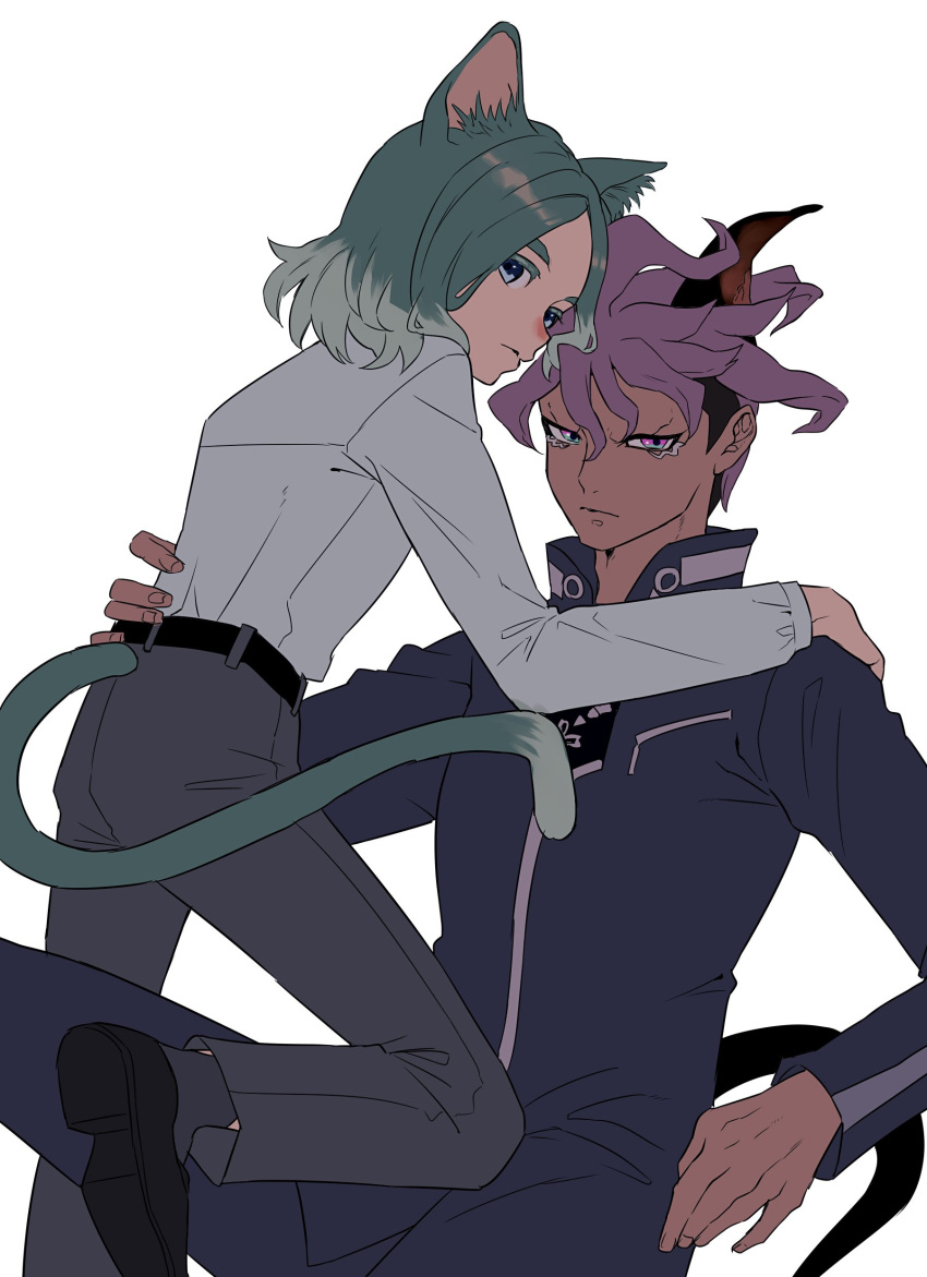 2boys, absurdres, alternate_costume, animal_ears, aqua_hair, black_shoes, blue_eyes, blue_jacket