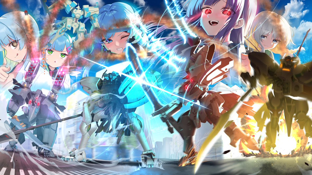 5girls, @_@, battle, black_eyes, blue_eyes, blue_hair, braid, closed_mouth