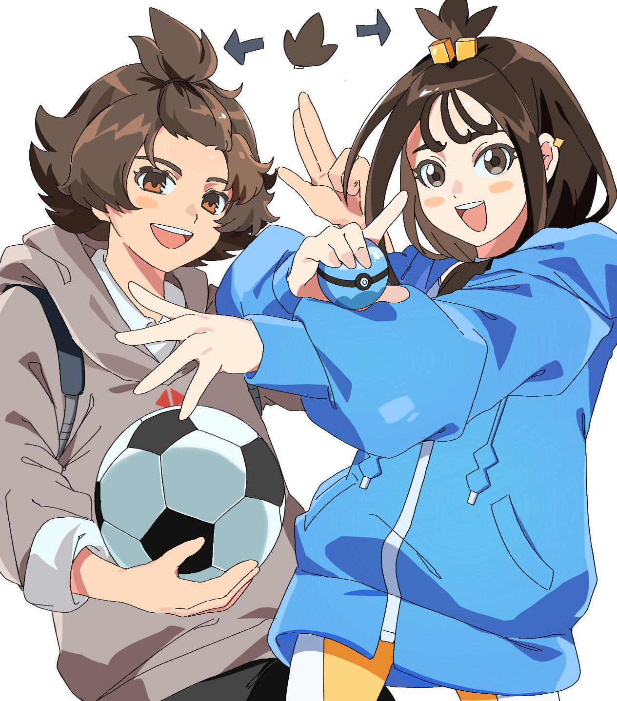 1boy, 1girl, arrow_(symbol), ball, blue_jacket, blush_stickers, brown_eyes, brown_hair
