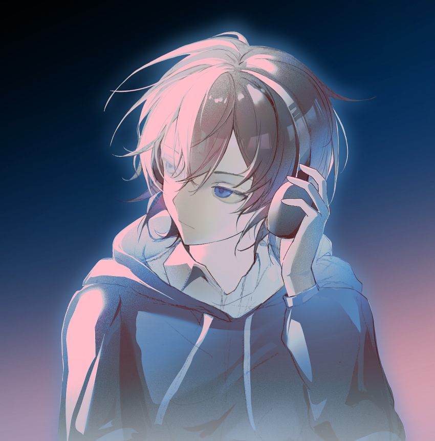 1boy, black_hoodie, blue_eyes, brown_hair, camille407, chinese_commentary, closed_mouth, collared_shirt