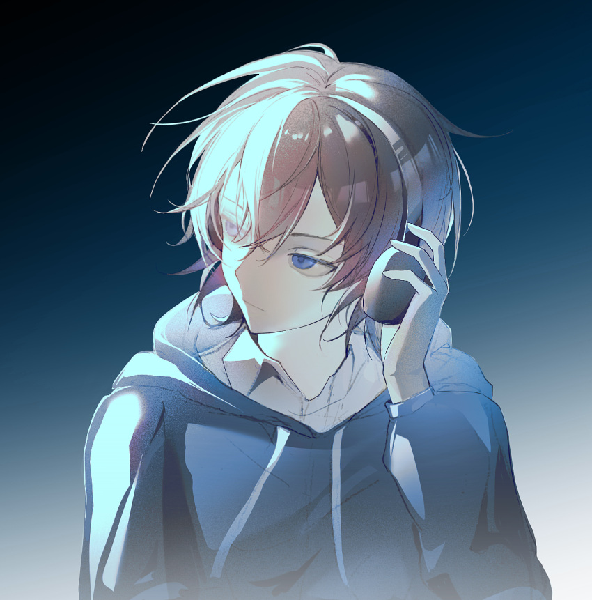1boy, black_hoodie, blue_eyes, brown_hair, camille407, chinese_commentary, closed_mouth, collared_shirt