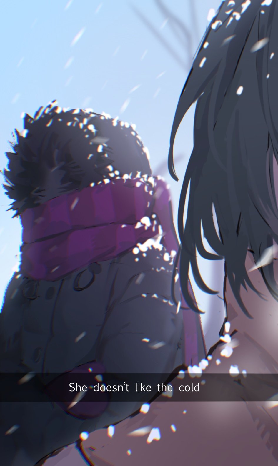 1nuyaki, 2girls, black_coat, black_hair, blue_sky, caption, coat, crossed_arms