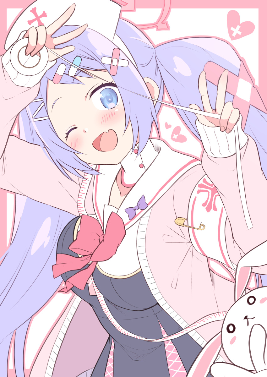 1girl, 1other, :d, ;d, absurdres, akane_souichi, animal, animal_ears