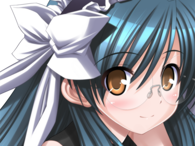 1girl, blue_hair, blush, bow, brown_eyes, close-up, game_cg, glasses