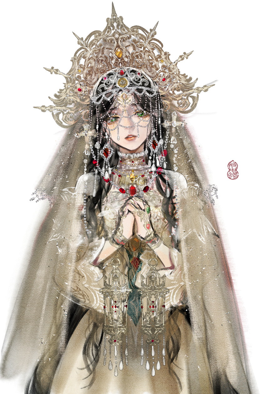 1girl, absurdly_long_hair, artist_name, beads, behind_prayers_(infinity_nikki), black_hair, bracelet, chinese_commentary