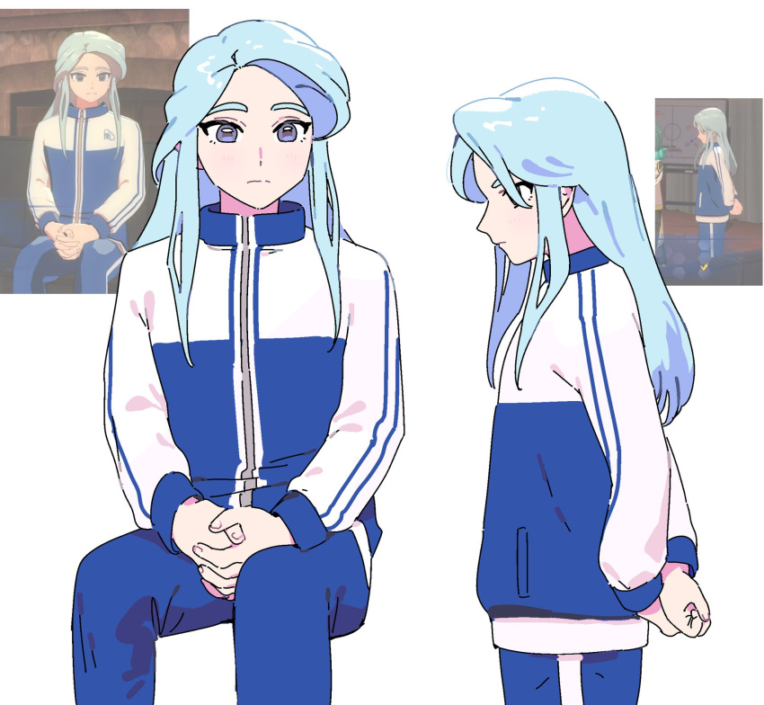 1boy, blue_eyes, blue_hair, blue_jacket, blue_pants, game_screenshot_inset, highres, inawiwi, inazuma_eleven_(series), inazuma_eleven_victory_road, jacket, long_hair, male_focus, multicolored_jacket, multiple_views, pants, reference_inset, shisendou_garyuu, two-tone_jacket, white_jacket