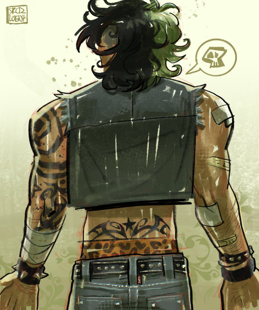 1boy, animal_print, antonio_leon_mars_(skcd_loen), arm_hair, artist_logo, back, back_tattoo, bandaged_arm