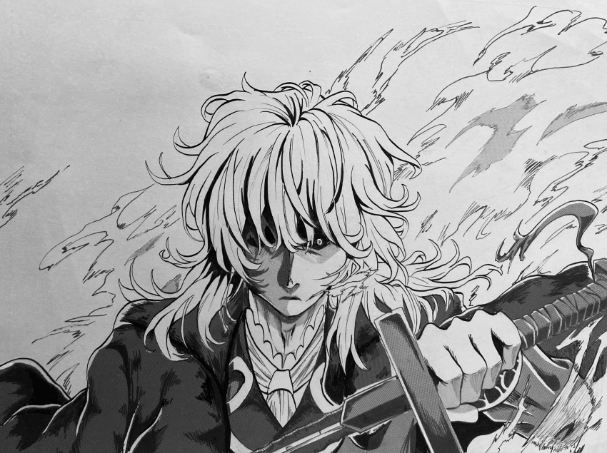 1boy, absurdres, ascot, coat, floating, floating_clothes, formal_clothes, fur_coat, gloves, highres, holding, holding_weapon, javol_kopiy, lance, looking_at_viewer, male_focus, medium_hair, monochrome, partially_shaded_face, polearm, serious, traditional_media, tsukihime, tsukihime_(remake), user_detv5535, vampire, vlov_arkhangel, weapon
