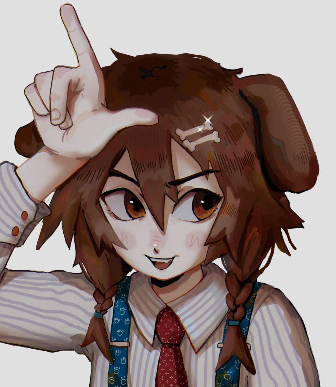 1girl, animal_ears, bone_hair_ornament, braid, brown_eyes, brown_hair, collared_shirt, dog_ears