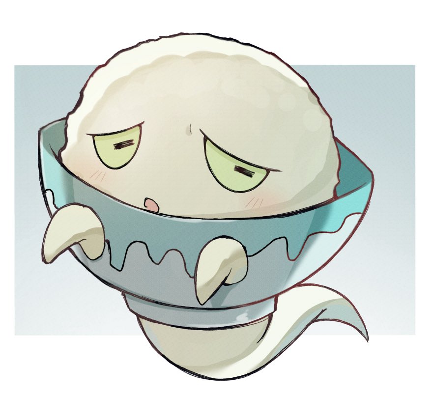 blush, bowl, full_body, no_humans, open_mouth, solo, unnchi_haha, urayameshi