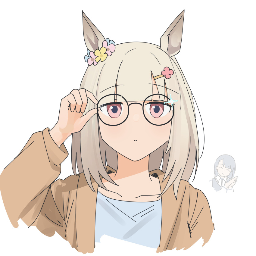 2girls, ^_^, absurdres, animal_ears, blue_shirt, blunt_bangs, brown_jacket, chibi