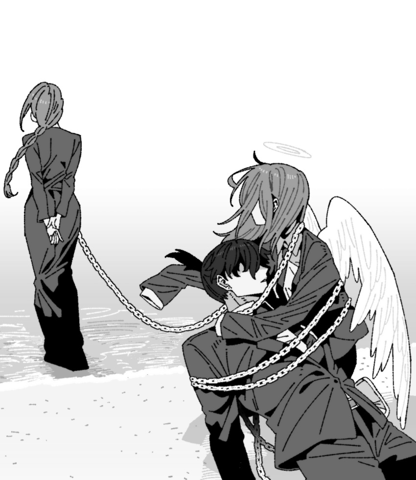 1girl, 2boys, amputee, angel_devil_(chainsaw_man), armless_amputee, arms_behind_back, beach, black_suit