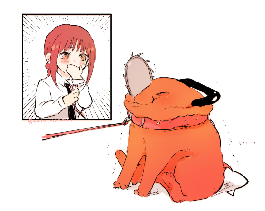 1girl, animal_collar, black_necktie, blush, braid, braided_ponytail, chainsaw, chainsaw_man, chibi, closed_eyes, collar, creature, handle, holding, holding_leash, leash, leash_pull, long_sleeves, makima_(chainsaw_man), necktie, pet, pochita_(chainsaw_man), pull_cord, red_collar, ringed_eyes, shiba_squish, shirt, simple_background, white_background, yukichi_(imoko41)