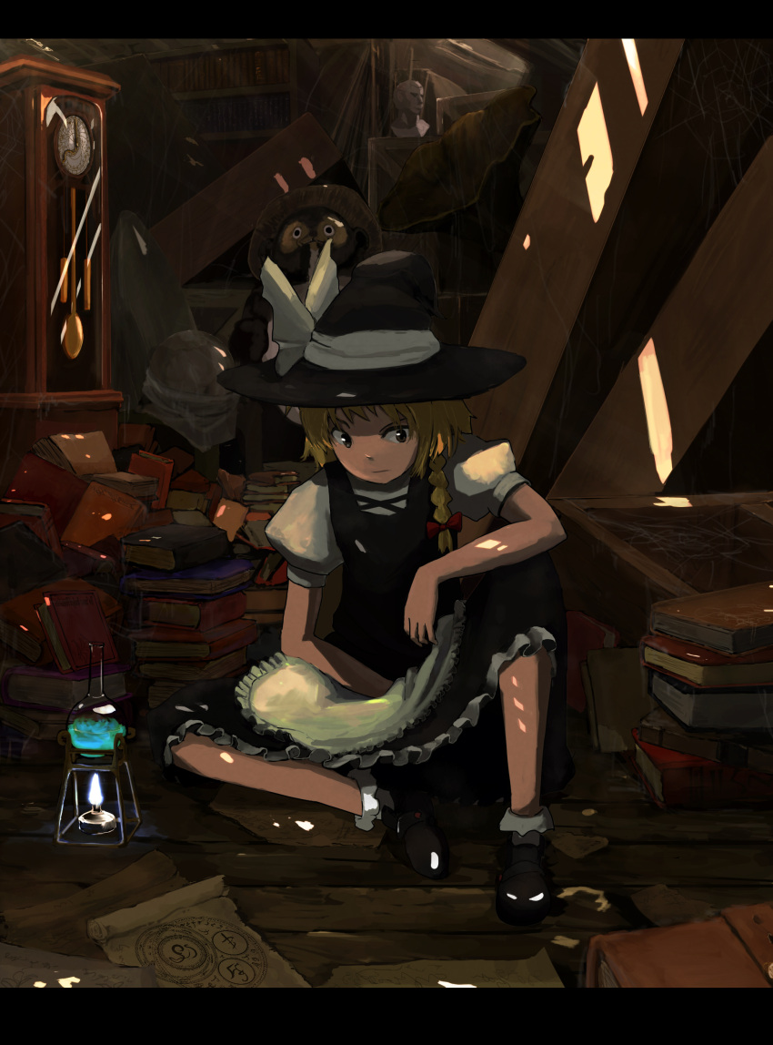 absurdres, alcohol_burner, bad_id, book, book_stack, clock, flask, grandfather_clock