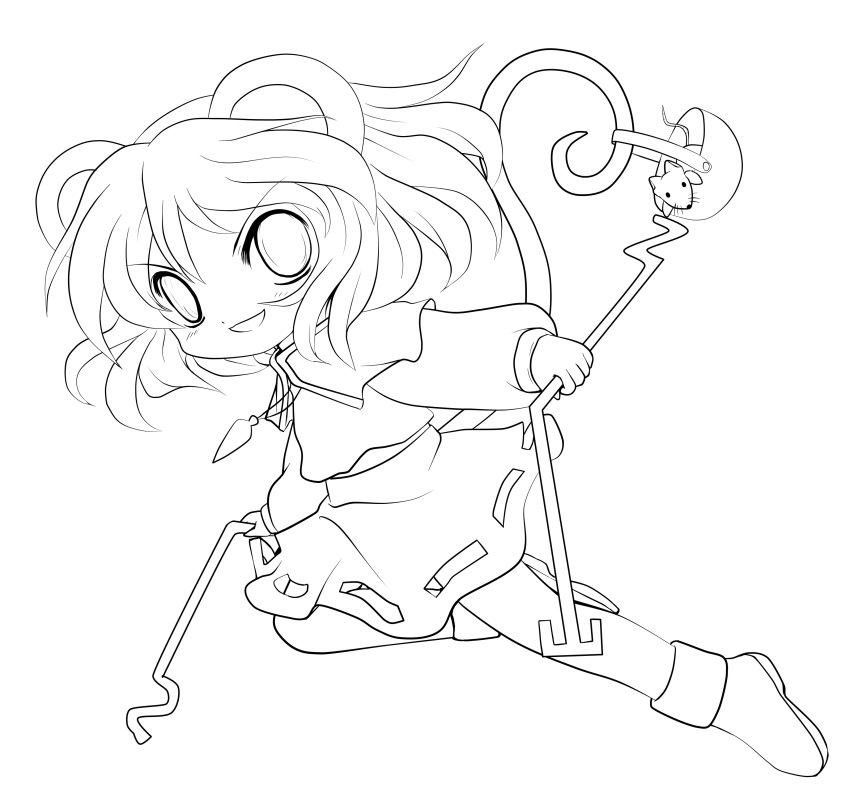 absurdres, animal_ears, basket, chibi, dowsing_rod, highres, jewelry, lineart
