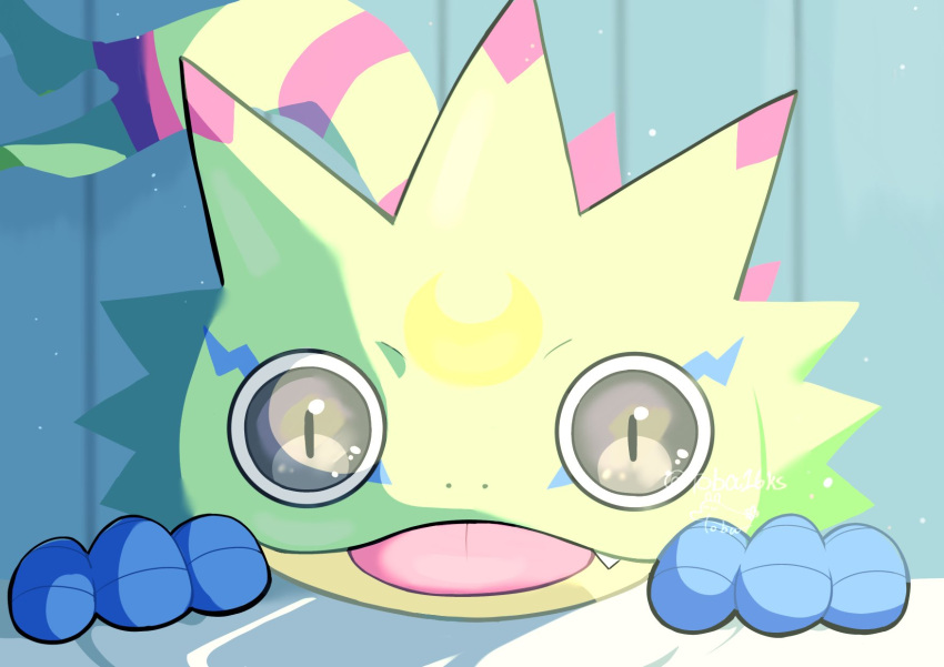 black_eyes, close-up, digimon, digimon_(creature), fang, gecko, gekkomon, highres, looking_at_viewer, no_humans, slit_pupils, solo, toba16ks, tongue, tongue_out
