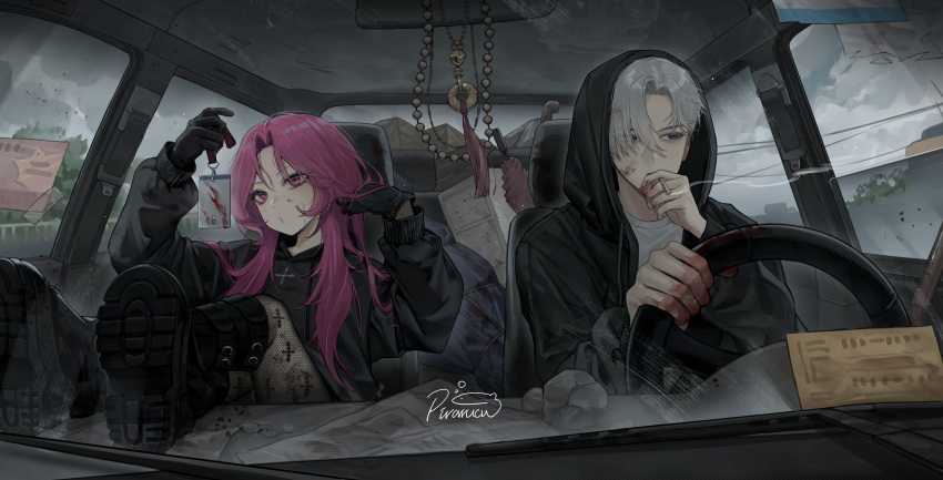 1boy, 1girl, absurdres, black_boots, blood, blood_on_clothes, blood_on_face, blood_on_hands, boots, car, car_interior, car_seat, commission, driving, goth_fashion, grey_eyes, grey_hair, grey_sky, highres, indoors, k_hottok, long_hair, looking_at_reflection, looking_to_the_side, messy_room, motor_vehicle, original, pink_eyes, pink_hair, right-hand_drive, short_hair, sky, smoking, steering_wheel, white_hair