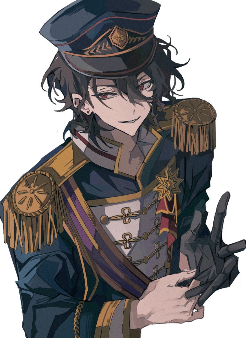 1boy, adjusting_clothes, adjusting_gloves, aiguillette, black_gloves, black_hair, blue_hat, blue_shirt