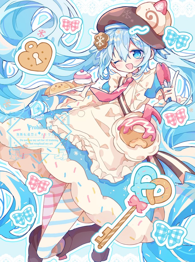 1girl, ;d, apron, aqua_eyes, aqua_hair, asymmetrical_legwear, blue_bow, blue_dress, blue_eyes, blue_hair, blue_pantyhose, blue_sleeves, blush, boots, bow, bowtie, bread, brown_boots, brown_hat, commentary, dessert, detached_sleeves, double-parted_bangs, dress, dress_bow, food, food-themed_clothes, food-themed_hat_ornament, foot_out_of_frame, frilled_apron, frills, fur-trimmed_dress, fur-trimmed_sleeves, fur_trim, futaba969649, hair_between_eyes, hair_ornament, hat, hat_ornament, hatsune_miku, heart, holding, holding_tongs, holding_tray, key, knee_boots, long_hair, long_sleeves, looking_at_viewer, mismatched_legwear, necktie, official_alternate_costume, official_alternate_hairstyle, one_eye_closed, open_mouth, outline, pantyhose, pink_necktie, pink_pantyhose, puffy_short_sleeves, puffy_sleeves, rabbit_yukine, short_sleeves, smile, snowflake_print, solo, striped_clothes, striped_pantyhose, symbol-only_commentary, tongs, tray, twintails, two-tone_sleeves, very_long_hair, vocaloid, watermark, wavy_hair, white_apron, white_bow, white_outline, wide_sleeves, yuki_miku, yuki_miku_(2026)