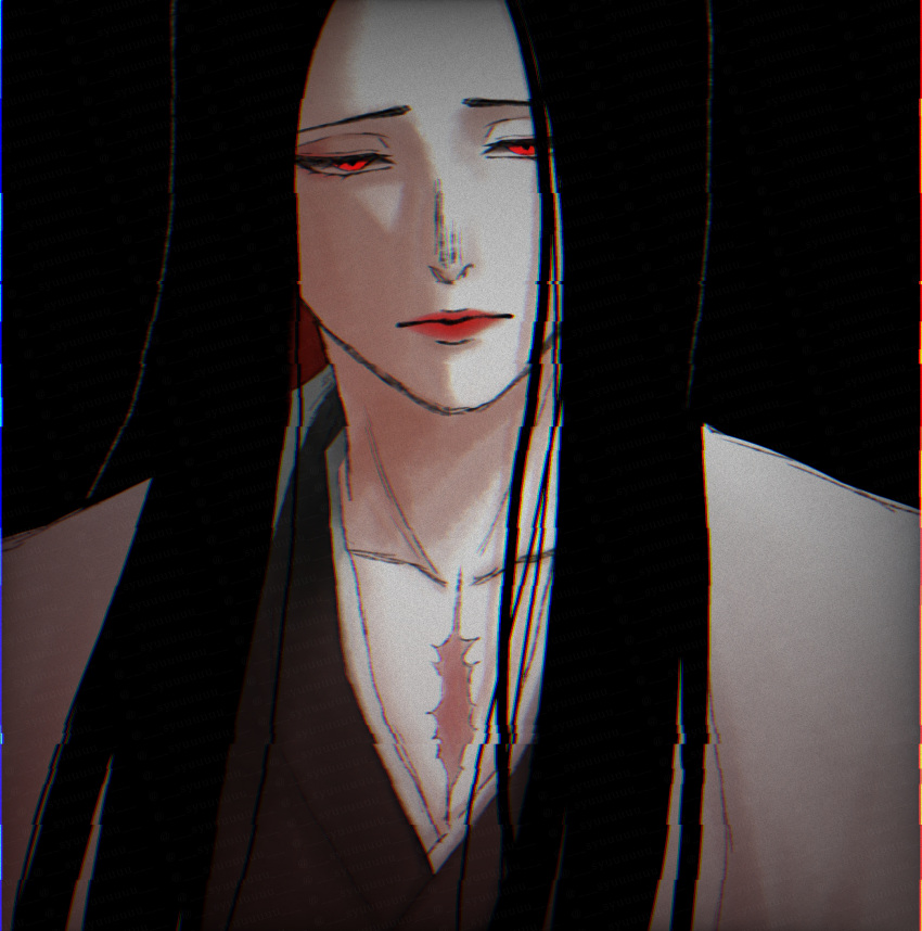 1girl, androgynous, black_background, black_hair, black_kimono, bleach, bleach:_sennen_kessen-hen, chromatic_aberration, closed_mouth, collarbone, dark, distortion, expressionless, glowing, glowing_eyes, hair_down, half-closed_eyes, haori, highres, japanese_clothes, kimono, long_hair, looking_at_viewer, mature_female, minazuki_(bankai), narrowed_eyes, red_eyes, red_lips, scar, scar_on_sternum, solo, unohana_retsu, white_haori
