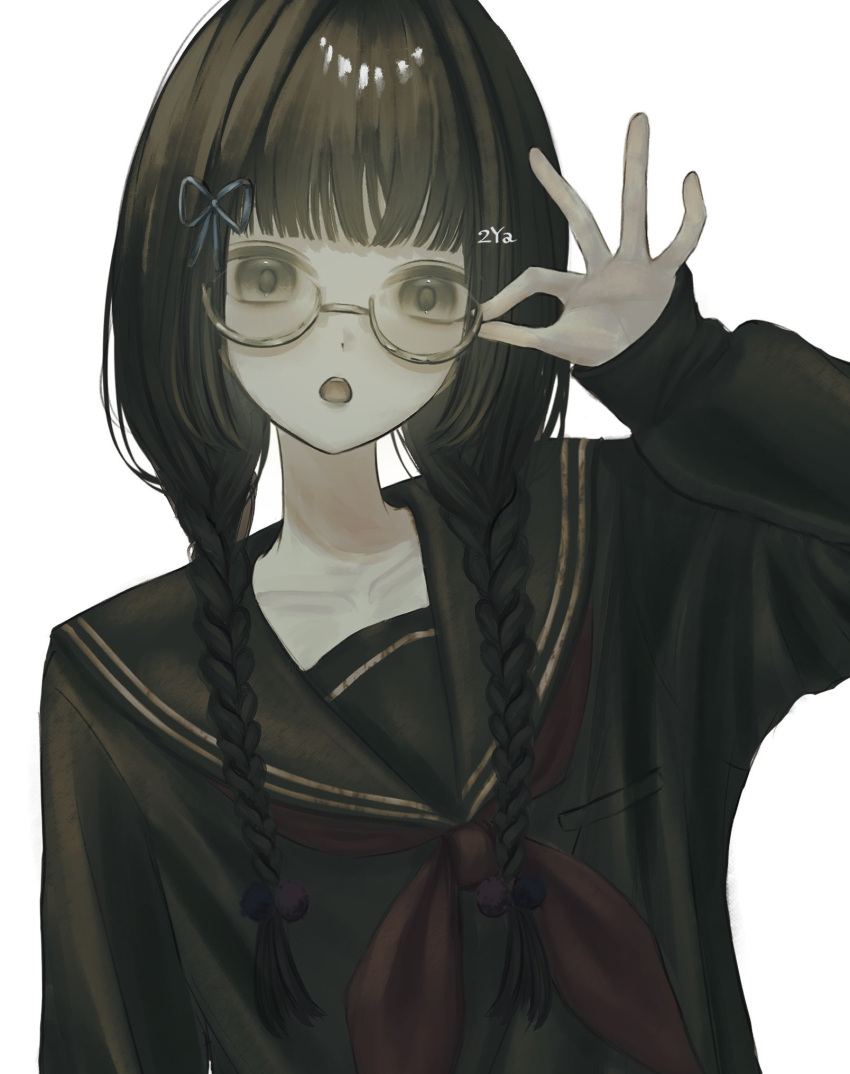 1girl, adjusting_eyewear, amemori_sayo, amemori_sayo_(1st_costume), black_hair, black_sailor_collar, black_shirt, blue_ribbon, braid, braided_twintails, collarbone, glasses, grey_eyes, hair_bobbles, hair_ornament, hair_ribbon, hand_up, highres, long_hair, looking_at_viewer, multicolored_hair_bobbles, neckerchief, nijisanji, niya_(2ya28), official_alternate_hairstyle, open_mouth, red_neckerchief, ribbon, round_eyewear, sailor_collar, sailor_shirt, school_uniform, semi-rimless_eyewear, shirt, signature, simple_background, solo, twin_braids, under-rim_eyewear, upper_body, virtual_youtuber, watermark, white_background