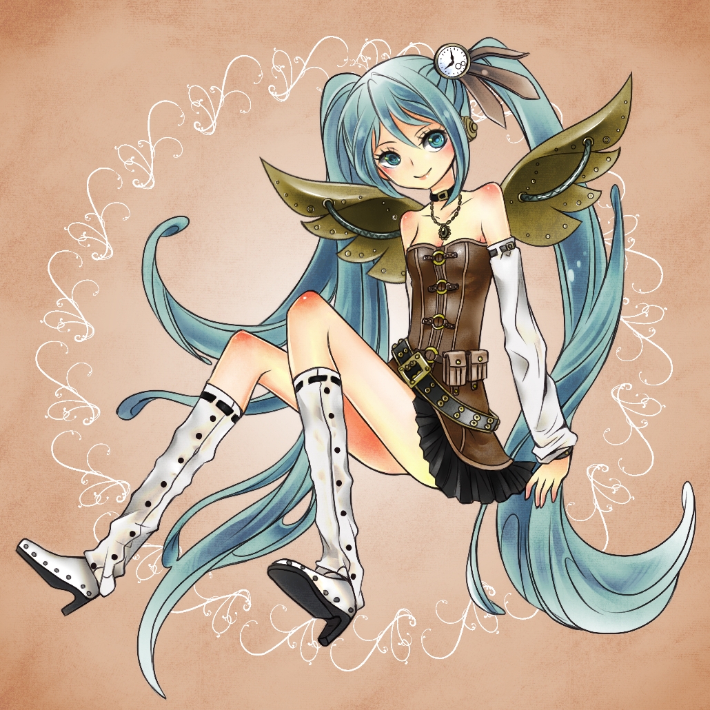 aqua_eyes, aqua_hair, bare_shoulders, boots, choker, detached_sleeves, full_body, hatsune_miku, jewelry, knee_boots, long_hair, mechanical_wings, necklace, puzzle157xxx, sitting, skirt, smile, solo, steampunk, twintails, very_long_hair, vocaloid, wings