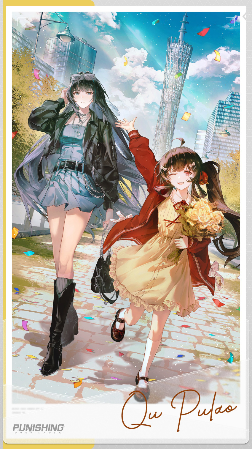 2girls, absurdres, ahoge, arm_up, bag, belt, black_bag, black_belt
