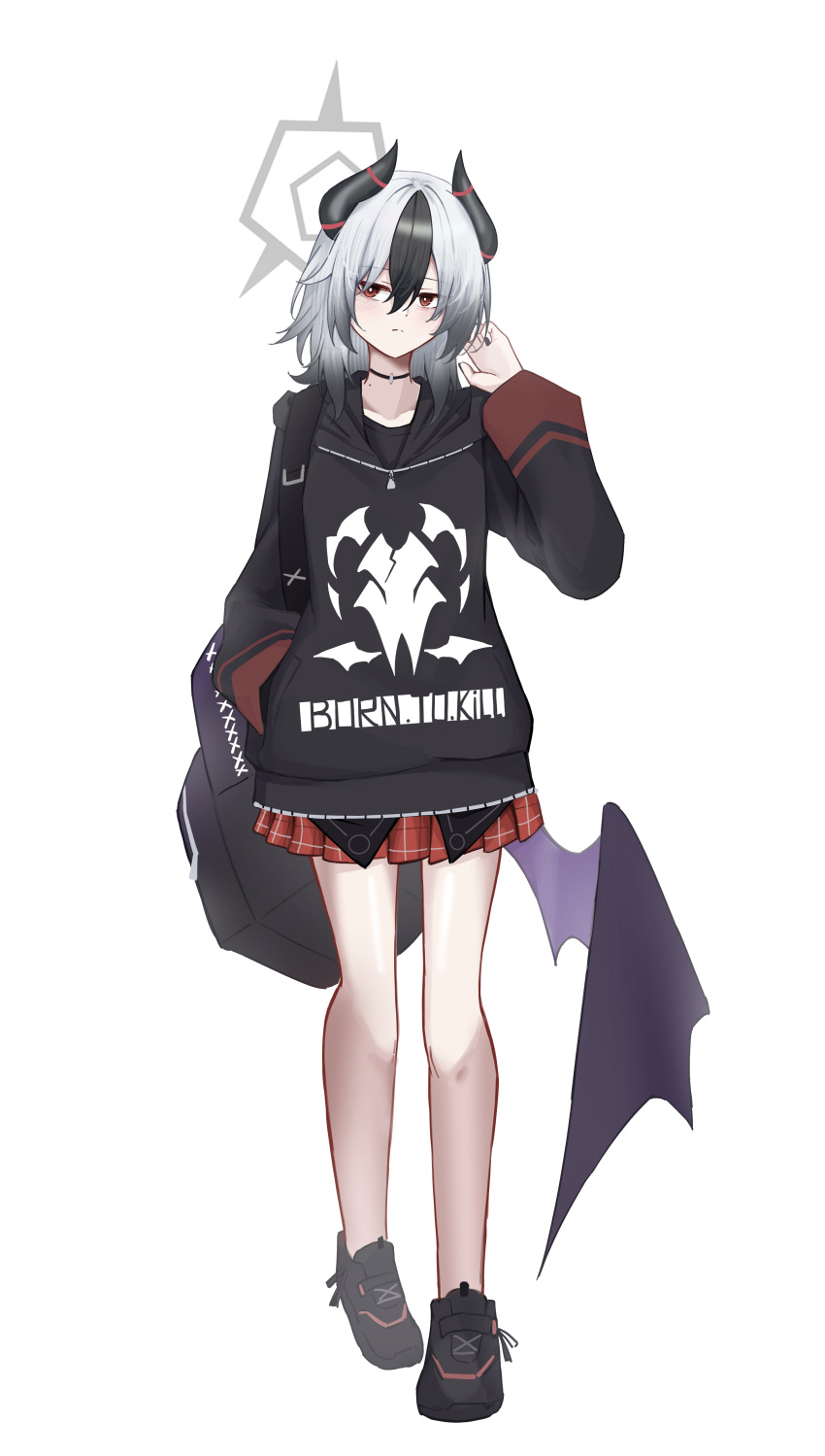 1girl, absurdres, black_hair, blue_archive, breasts, demon_girl, demon_wings, elbow_gloves, gloves, grey_halo, halo, highres, kayoko_(blue_archive), kazusa_(blue_archive), kazusa_(halloween)_(blue_archive), medium_hair, navel, purple_wings, red_eyes, single_wing, small_breasts, solo, sych1590, thighs, white_hair, wings