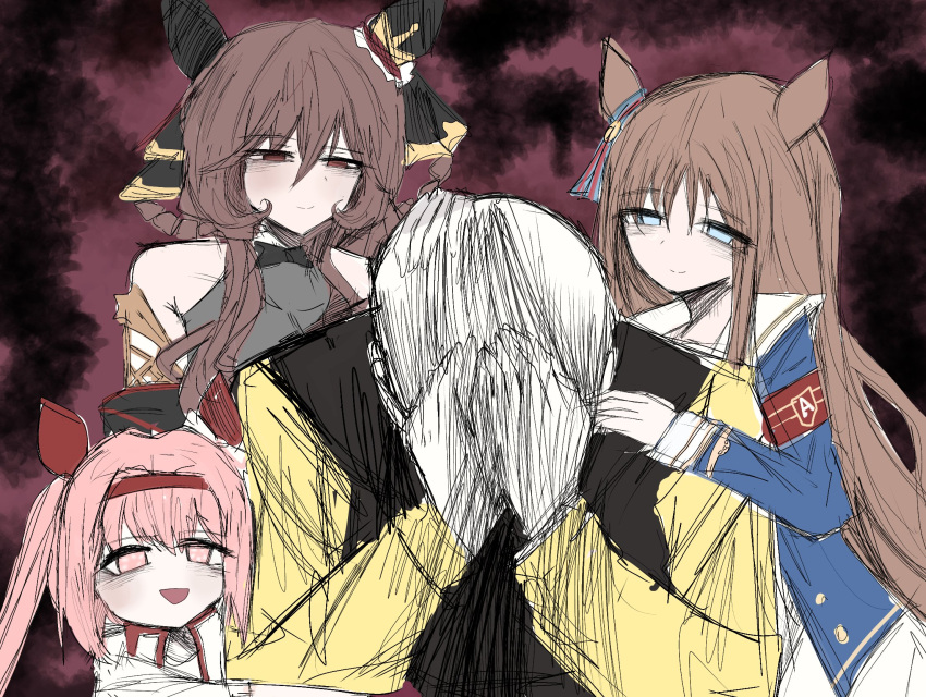 1boy, 3girls, animal_ears, armband, black_souls, black_souls_2, blue_eyes, brown_eyes, brown_hair, gentildonna_(regina_dei_fiori)_(umamusume), gentildonna_(umamusume), grass_wonder_(stone-piercing_blue)_(umamusume), grass_wonder_(umamusume), hair_between_eyes, hairband, haru_urara_(bestest_prize)_(umamusume), haru_urara_(umamusume), highres, horse_ears, horse_girl, horse_tail, long_hair, meme, multiple_girls, open_mouth, pedkung, pink_eyes, pink_hair, red_armband, sailor_collar, smile, sushi_yuusha_toro_(style), tail, trainer_(umamusume), umamusume, very_long_hair, vest, where_is_alice_(meme)