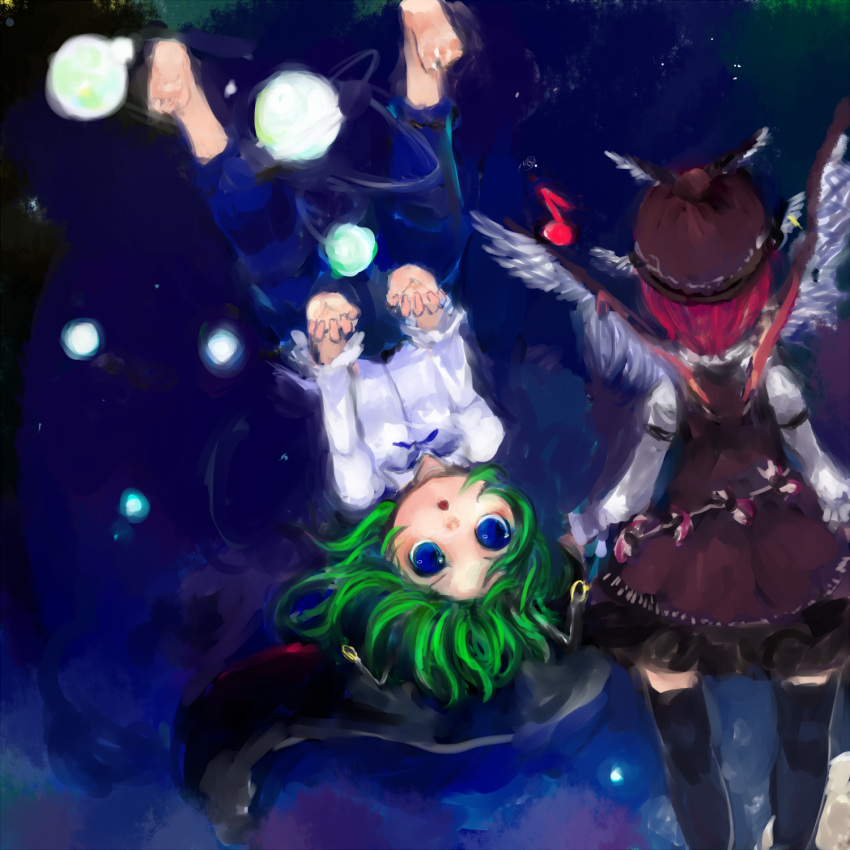 animal_ears, antennae, barefoot, blue_eyes, from_behind, green_hair, highres, lying