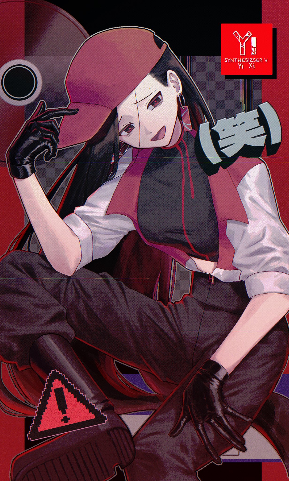 !, 1girl, arm_on_knee, baseball_cap, black_eyes, black_gloves, black_hair, black_pants