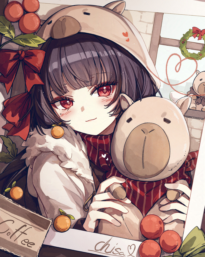 1girl, absurdres, alternate_costume, animal_hood, black_hair, blush, bow, character_name