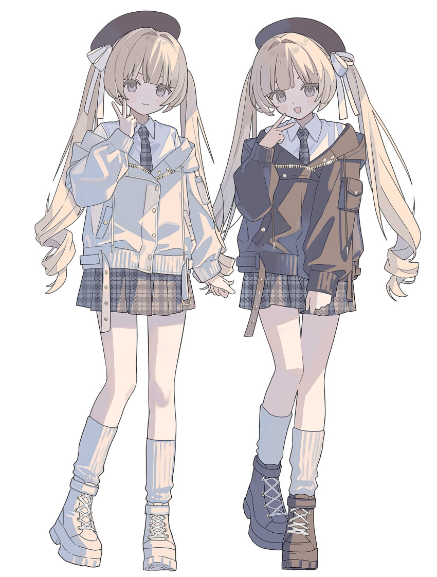 1girl, :d, beret, black_necktie, black_skirt, blonde_hair, blunt_bangs, blush