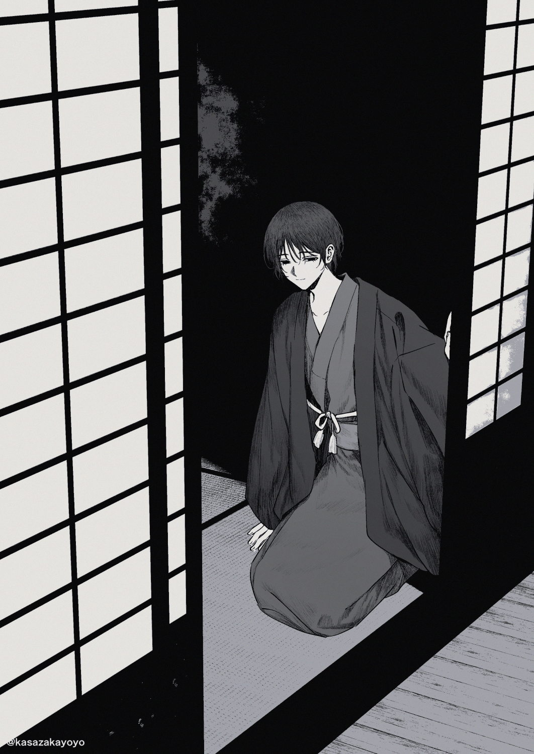 1boy, chikage_(kurakute_atatakai), chinikuniku, empty_eyes, from_above, full_body, hair_between_eyes, half-closed_eyes, haori, highres, japanese_clothes, kimono, kurakute_atatakai, light_smile, looking_at_viewer, male_focus, monochrome, obi, official_artist_extra, opening_door, sash, seiza, short_hair, shouji, sitting, sliding_doors, smoke, smoke_trail, solo, tatami, twitter_username, wooden_floor, yukata