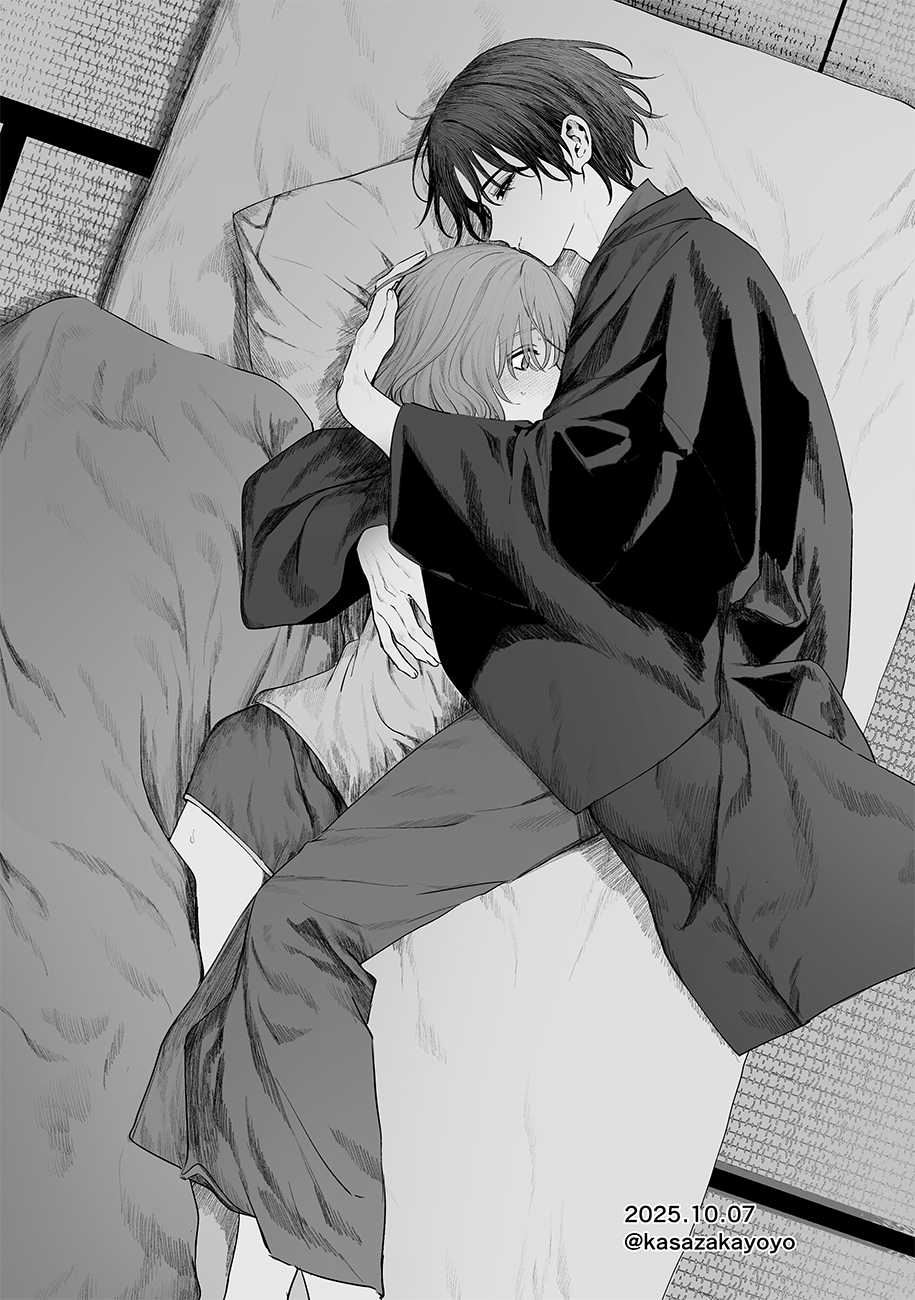1boy, 1girl, anniversary, bags_under_eyes, blanket, blush, chikage_(kurakute_atatakai), chinikuniku, closed_mouth, comforter, couple, cuddling, dated, dolphin_shorts, embarrassed, empty_eyes, feet_out_of_frame, from_above, futon, hair_between_eyes, hair_over_one_eye, half-closed_eyes, hand_on_another's_back, hand_on_another's_head, haori, head_on_head, head_rest, hetero, highres, hug, indoors, japanese_clothes, kimono, kurakute_atatakai, light_smile, long_sleeves, looking_ahead, looking_at_another, lying, mayu_(kurakute_atatakai), monochrome, nervous_sweating, official_artist_extra, on_side, pillow, short_hair, short_shorts, shorts, sweat, tatami, twitter_username, wide_sleeves, yukata