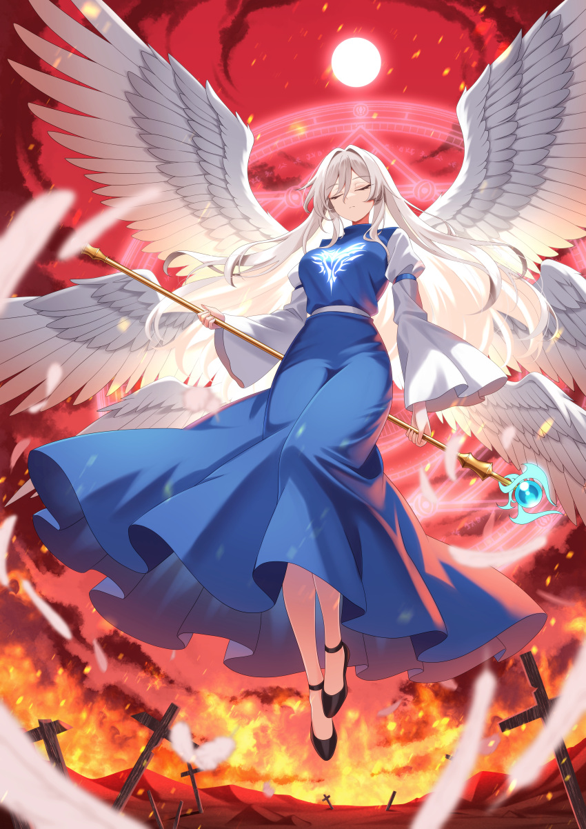 1girl, absurdres, angel_wings, blue_dress, breasts, closed_eyes, cross, dress
