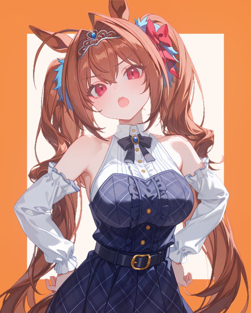 ai-generated, animal_ears, antenna_hair, brown_hair, buckle, daiwa_scarlet_(racehorse), daiwa_scarlet_(umamusume), hands_on_own_hips