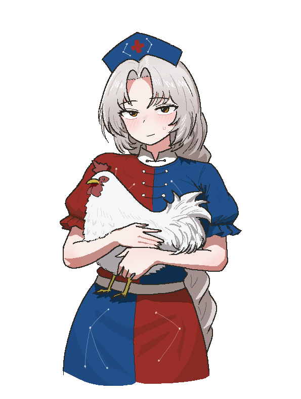 1girl, animal_hug, bare_arms, bird, blue_hat, blush, chicken, cocktiel77